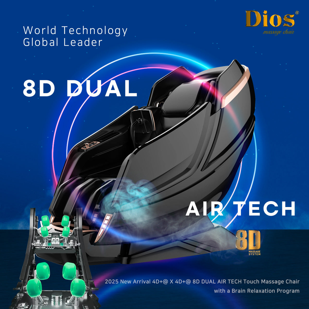 Dios Massage Chair 8D Dual Core Air Tech Touch Roller SL-track with Brain Relaxation Program Dios-1288 Gray