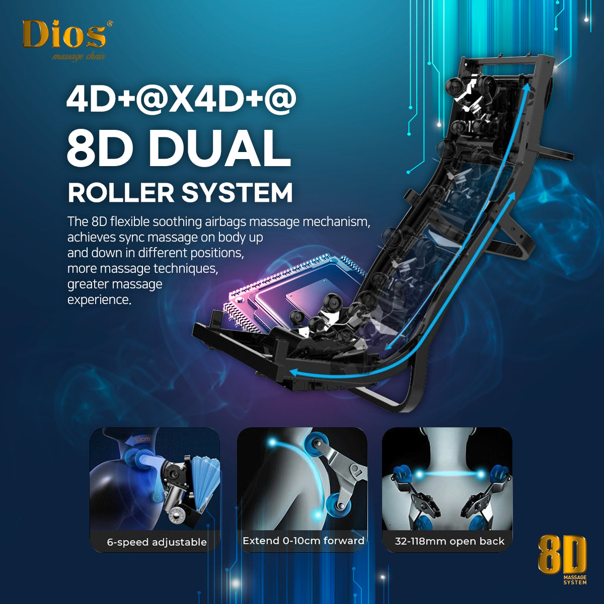 Dios Massage Chair 8D Dual Core Air Tech Touch Roller SL-track with Brain Relaxation Program Dios-1288 Gray