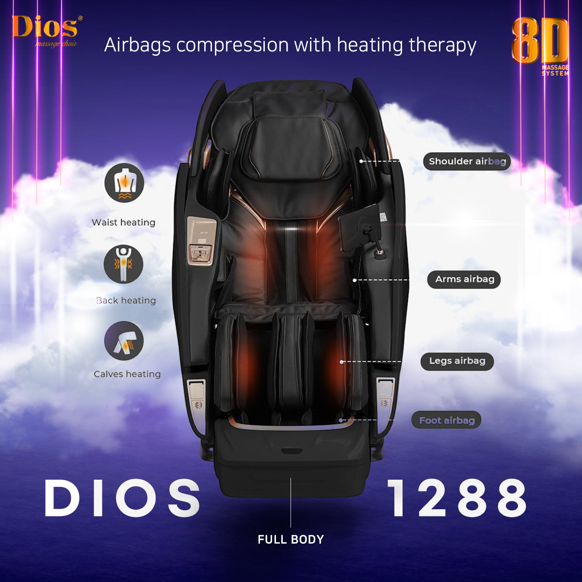 Dios Massage Chair 8D Dual Core Air Tech Touch Roller SL-track with Brain Relaxation Program Dios-1288 Gray