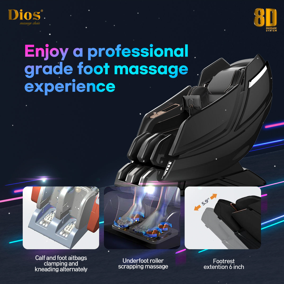 Dios Massage Chair 8D Dual Core Air Tech Touch Roller SL-track with Brain Relaxation Program Dios-1288 Gray