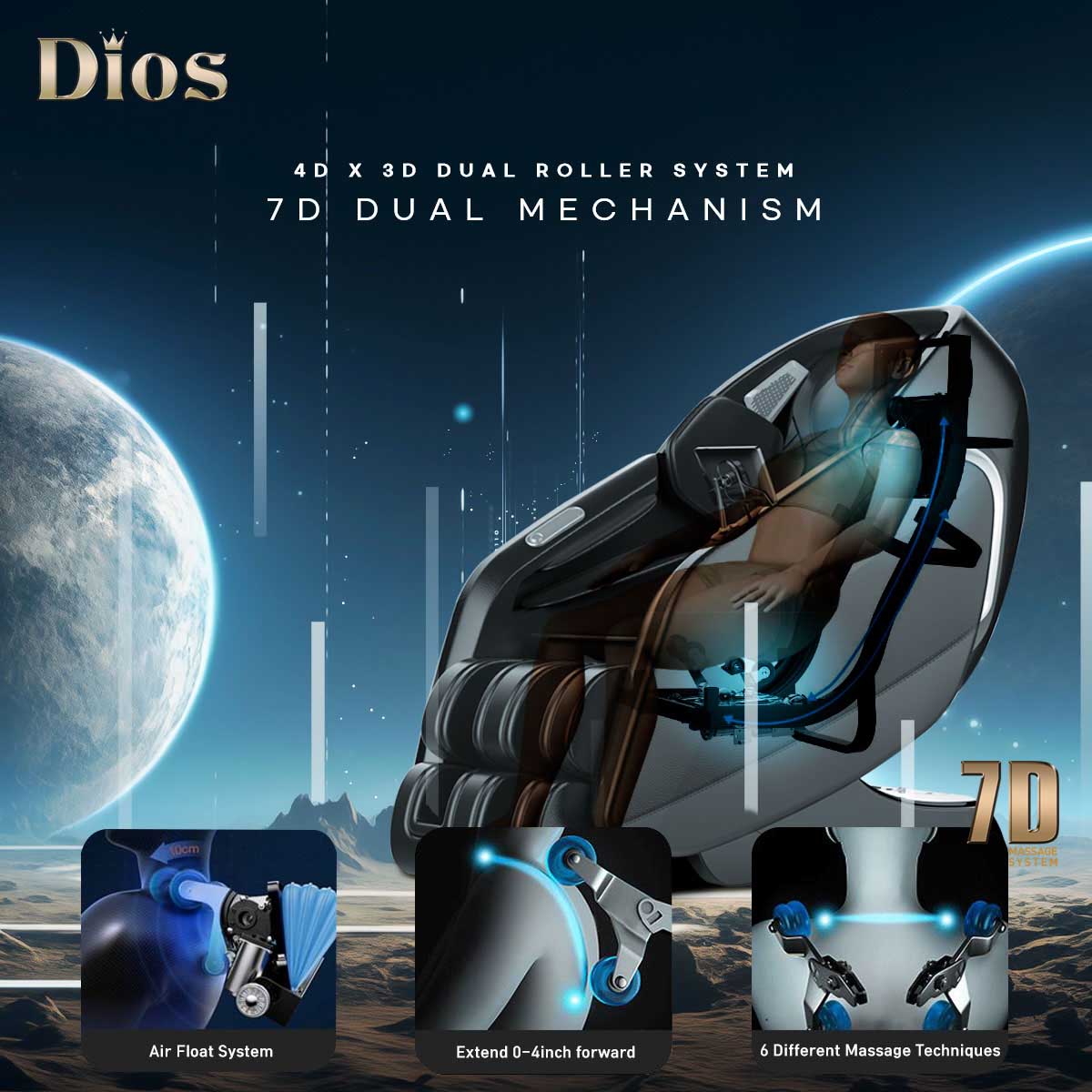 Dios Massage Chair 7D Dual Core Air Roller SL-track with 3D Calf Kneading Dios-7300 Brown
