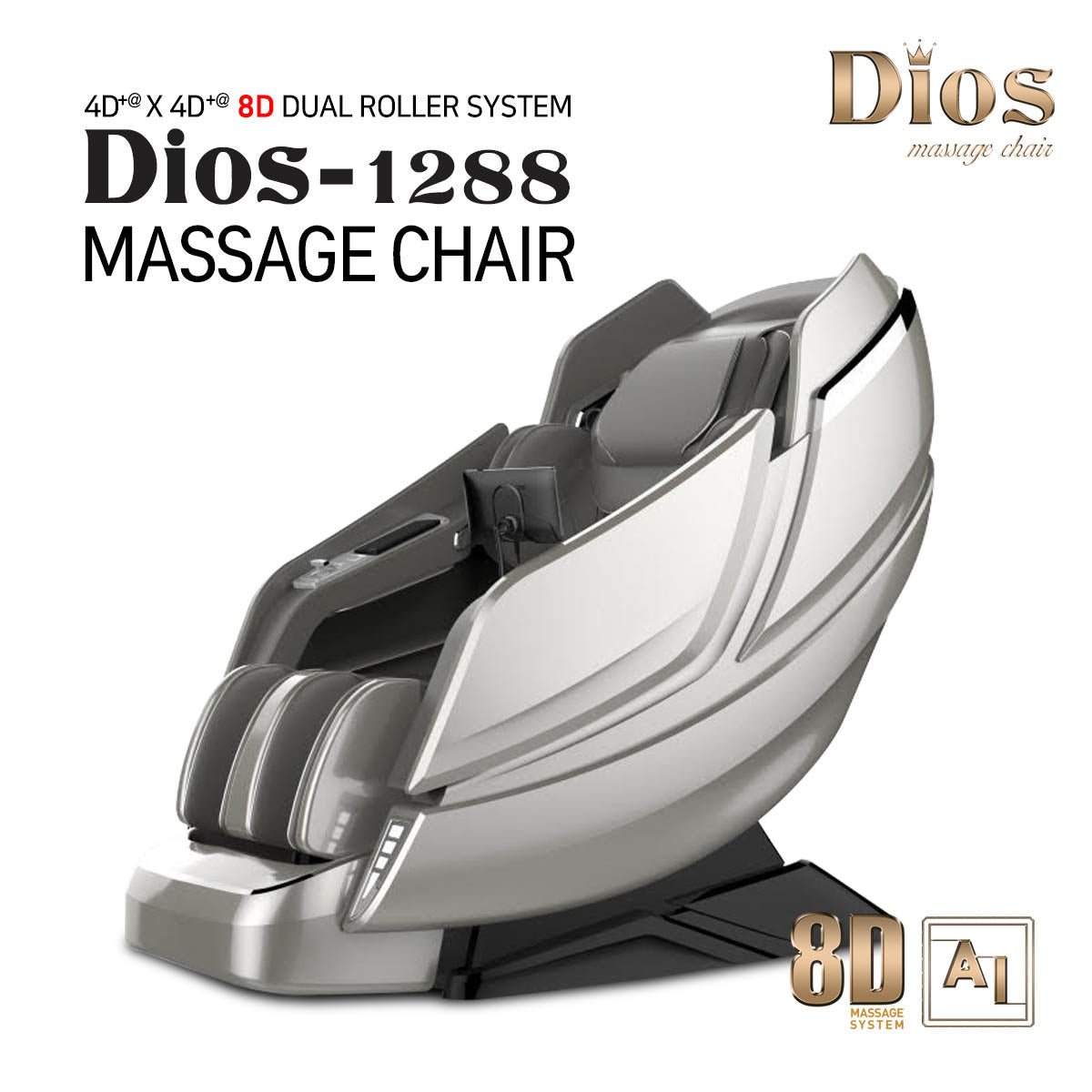 Dios Massage Chair 8D Dual Core Air Tech Touch Roller SL-track with Brain Relaxation Program Dios-1288 Gray