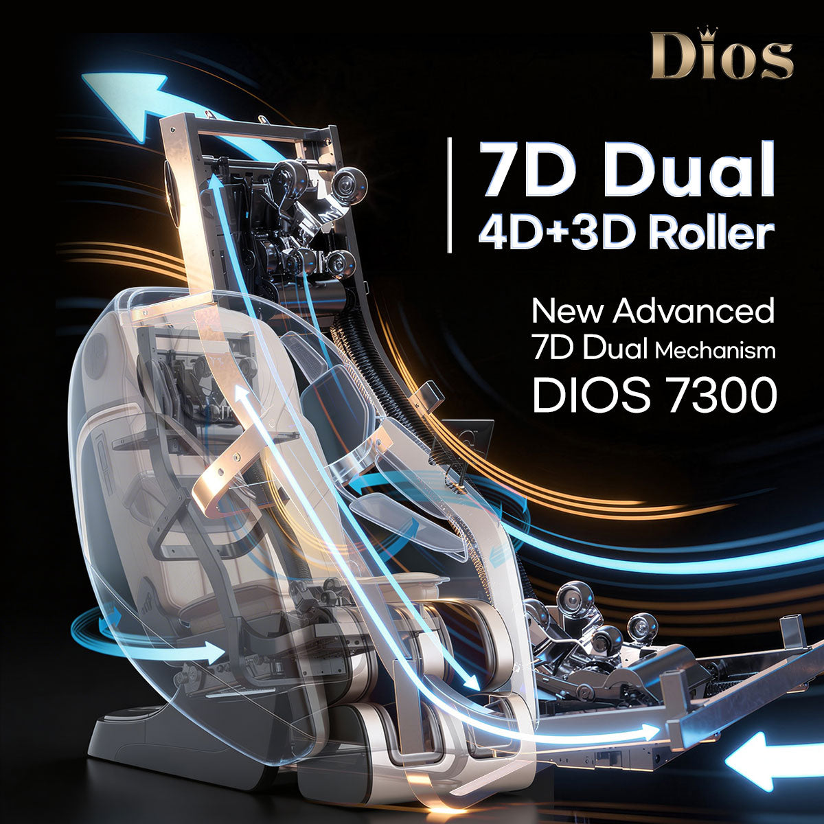Dios Massage Chair 7D Dual Core Air Roller SL-track with 3D Calf Kneading Dios-7300 Brown